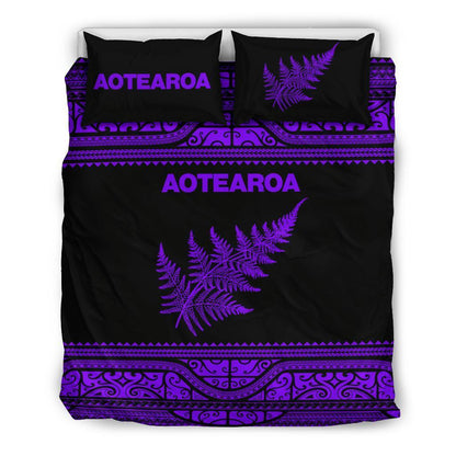 Aotearoa New Zealand Maori Bedding Set Silver Fern Purple