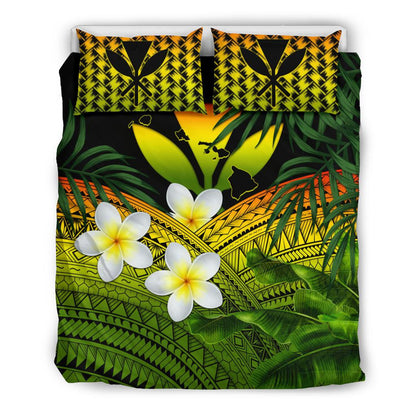 Kanaka Maoli (Hawaiian) Bedding Set, Polynesian Plumeria Banana Leaves Reggae