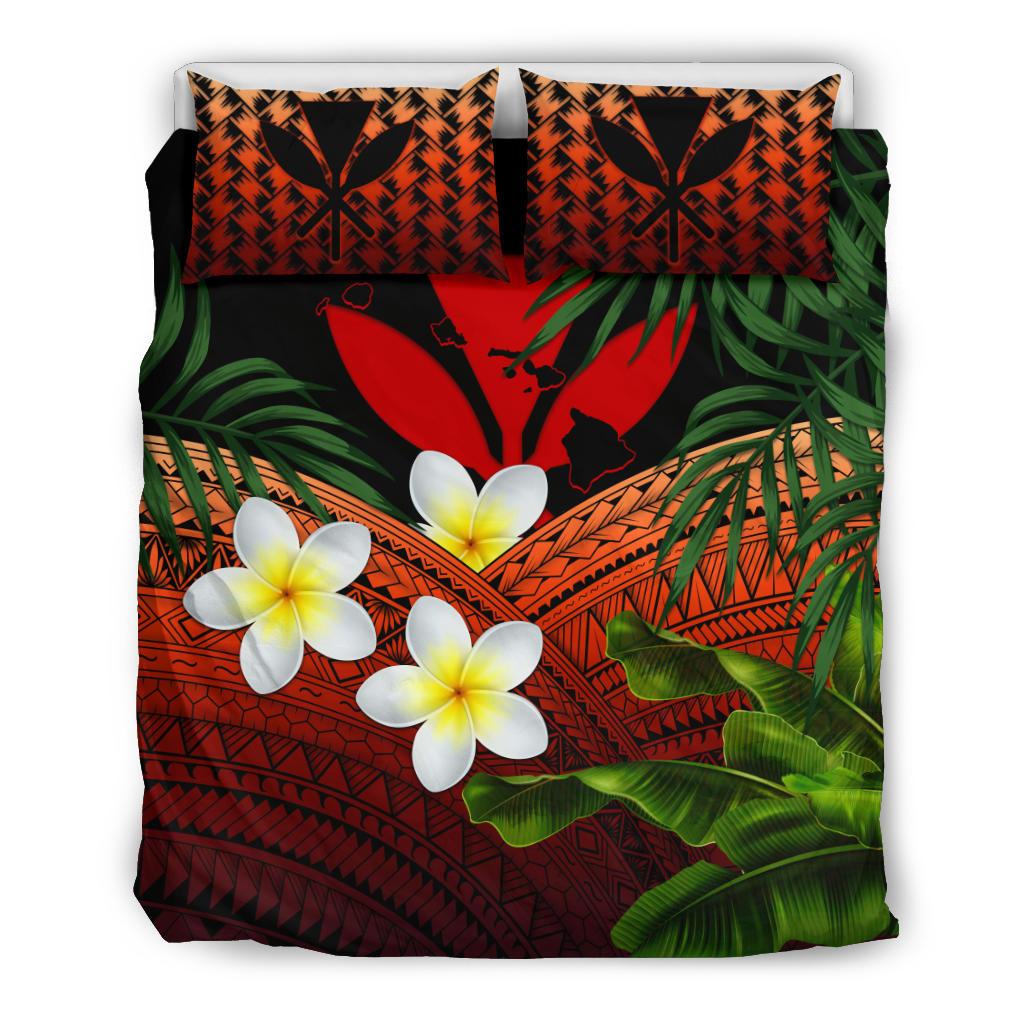 Kanaka Maoli (Hawaiian) Bedding Set, Polynesian Plumeria Banana Leaves Red