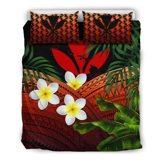 Kanaka Maoli (Hawaiian) Bedding Set, Polynesian Plumeria Banana Leaves Red