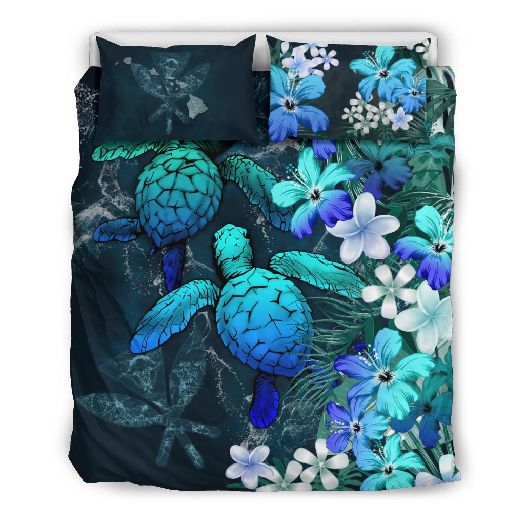 Kanaka Maoli (Hawaiian) Bedding set Sea Turtle Tropical Hibiscus And Plumeria Blue