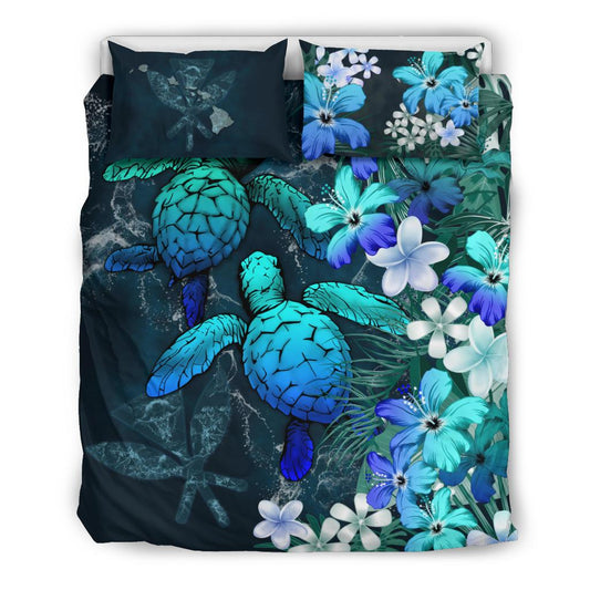 Kanaka Maoli (Hawaiian) Bedding set Sea Turtle Tropical Hibiscus And Plumeria Blue