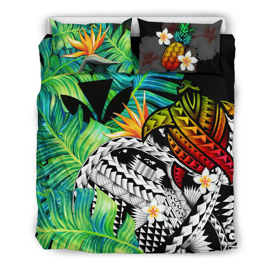 Kanaka Maoli (Hawaiian) Bedding Set, Polynesian Pineapple Banana Leaves Turtle Tattoo
