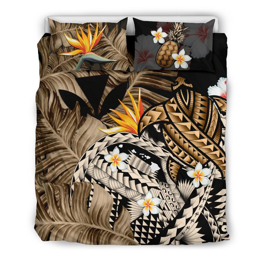 Kanaka Maoli (Hawaiian) Bedding Set, Polynesian Pineapple Banana Leaves Turtle Tattoo Gold