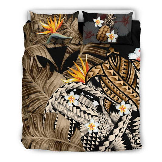 Kanaka Maoli (Hawaiian) Bedding Set, Polynesian Pineapple Banana Leaves Turtle Tattoo Gold