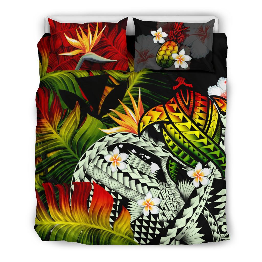 Kanaka Maoli (Hawaiian) Bedding Set, Polynesian Pineapple Banana Leaves Turtle Tattoo Reggae