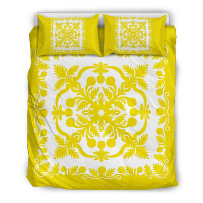 Hawaiian Bedding Set Royal Pattern Yellow And White