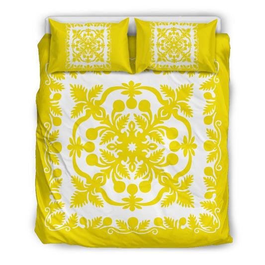 Hawaiian Bedding Set Royal Pattern Yellow And White