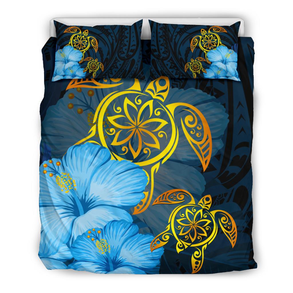 Hawaii Bedding Set Turtle Hibiscus Pattern Hawaiian Bedding Set Blue