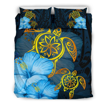 Hawaii Bedding Set Turtle Hibiscus Pattern Hawaiian Bedding Set Blue
