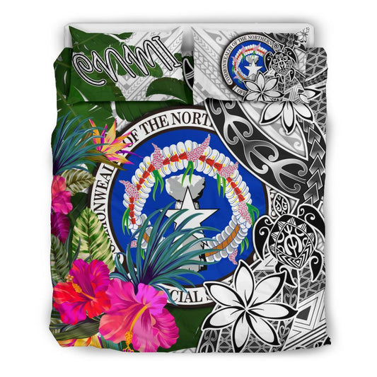 Northern Mariana Islands Bedding Set White Turtle Plumeria Banana Leaf