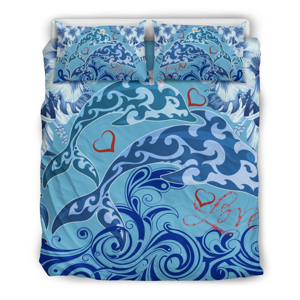 Hawaii Dolphin Couple Valentine's Hibiscus Bedding Set Tender Style AH