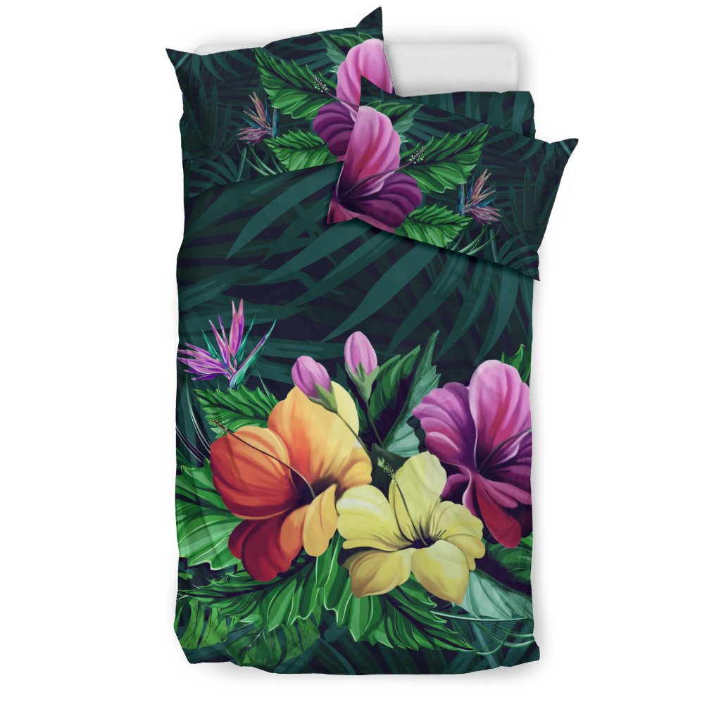 Hawaiian Bird Of Paradise Hibiscus Palm Leaves Polynesian Bedding Set