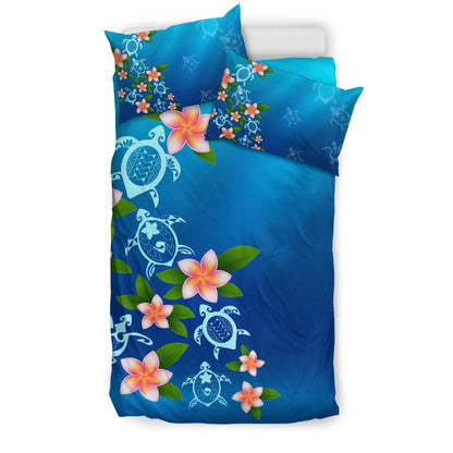 Hawaiian Tuttle And Plumeria Flower In The Sea Polynesian Bedding Set