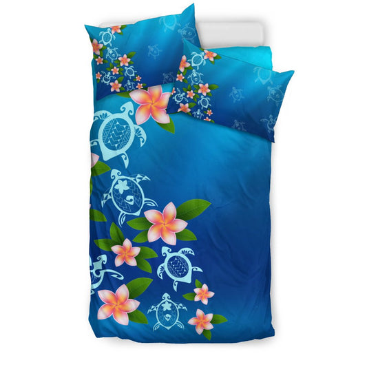 Hawaiian Tuttle And Plumeria Flower In The Sea Polynesian Bedding Set