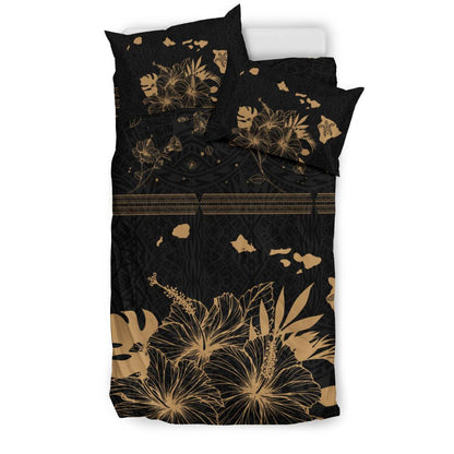 Hawaiian Map Hibiscus Turtle Polynesian Black And Gold Bedding Set