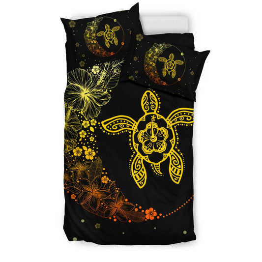 Hawaiian Turtle Hibiscus Plumeria Colorful Flower Black And Yellow Bedding Set