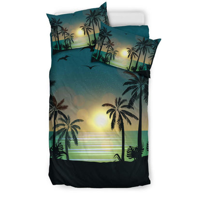 Hawaiian Palm Tree Sunset On The Beach Polynesian Bedding Set AH
