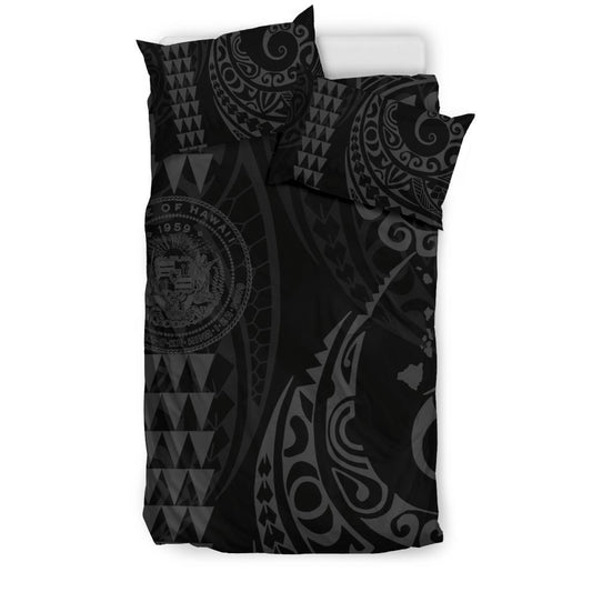 Hawaiian Map Coat Of Arms Flag Polynesian Bedding Set Grey