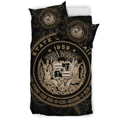 Hawaiian Hibiscus Flag Coat Of Arms Polynesian Bedding Set Gold Royal Style