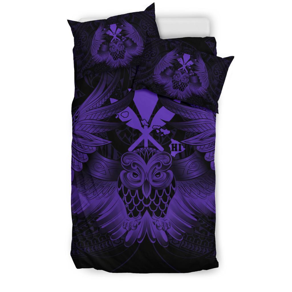 Hawaiian Map Owl Kanaka Bedding Set Pueo Aumakua Purple