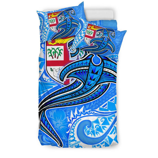 Fiji Bedding Set Blue Shark Polynesian Tattoo