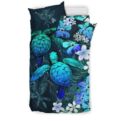 Kanaka Maoli (Hawaiian) Bedding set Sea Turtle Tropical Hibiscus And Plumeria Blue