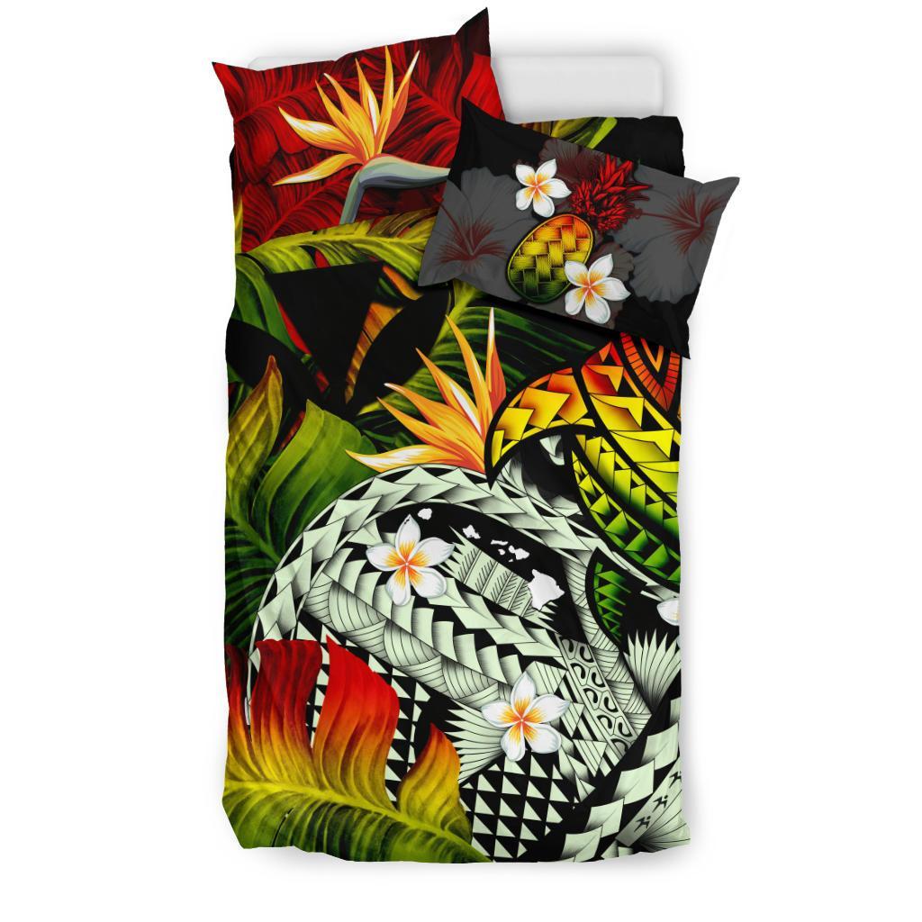 Kanaka Maoli (Hawaiian) Bedding Set, Polynesian Pineapple Banana Leaves Turtle Tattoo Reggae