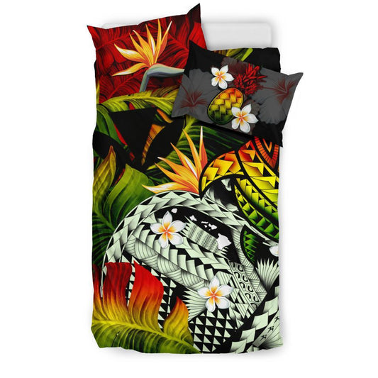 Kanaka Maoli (Hawaiian) Bedding Set, Polynesian Pineapple Banana Leaves Turtle Tattoo Reggae