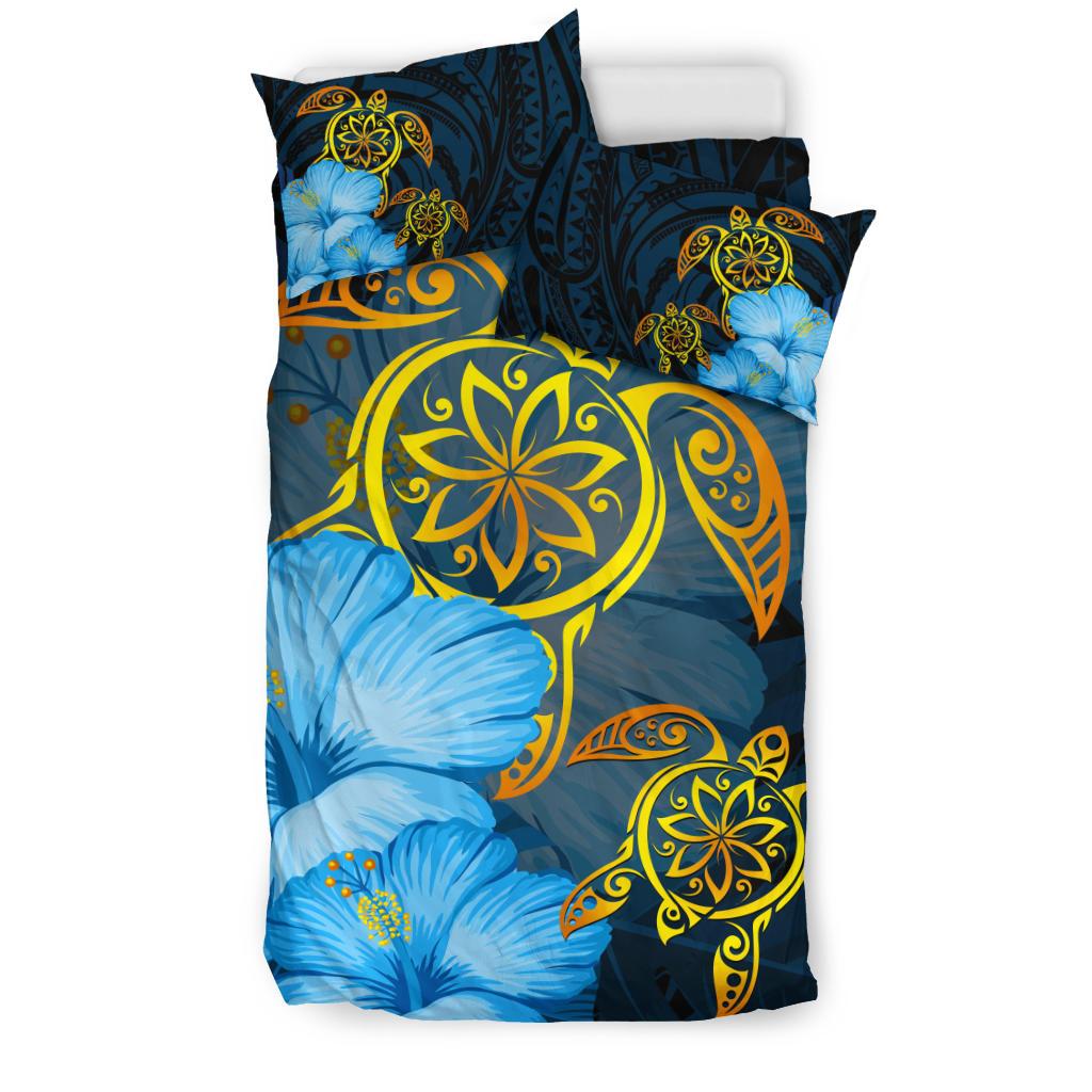 Hawaii Bedding Set Turtle Hibiscus Pattern Hawaiian Bedding Set Blue