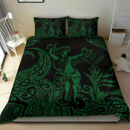 Polynesian Bedding Set Hawaii Duvet Cover Set Hula Girl Green