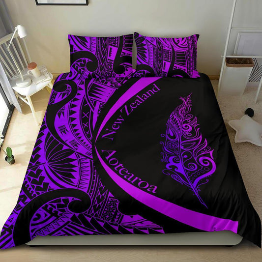 Light Silver Fern Maori Bedding Set Circle Style, Purple