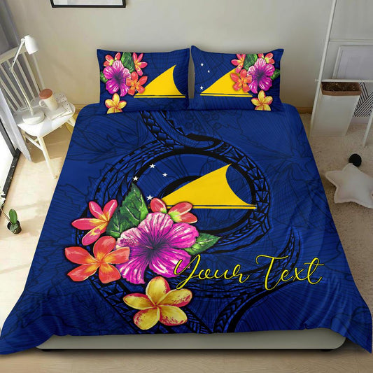 Polynesian Custom Personalised Bedding Set Tokelau Duvet Cover Set Floral With Seal Blue