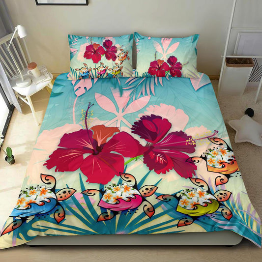 Polynesian Bedding Set Hawaii Duvet Cover Set Plumeria Turtles with Hibiscus