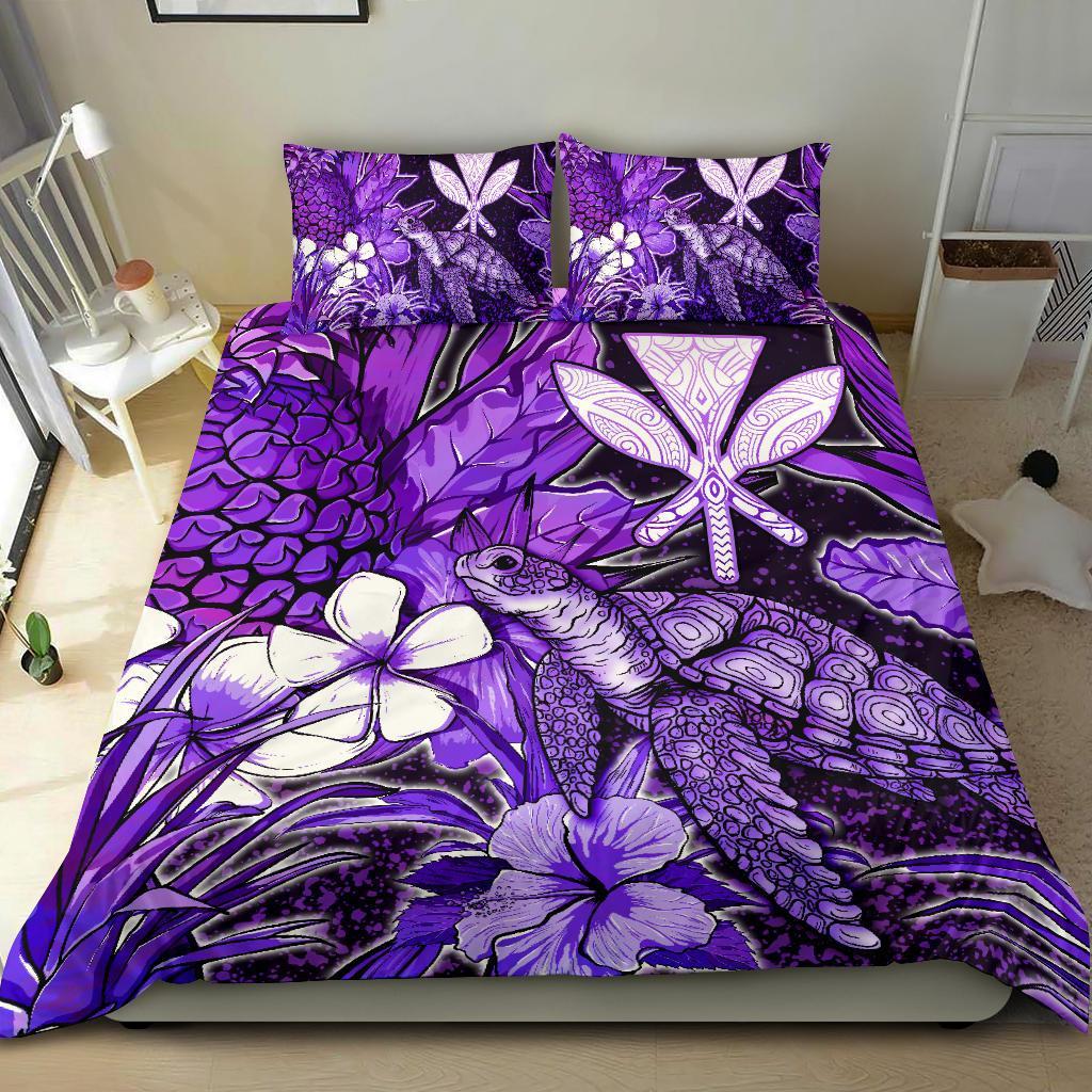 Polynesian Hawaii Bedding Set Turtle, Hibiscus and Pineapple Purple