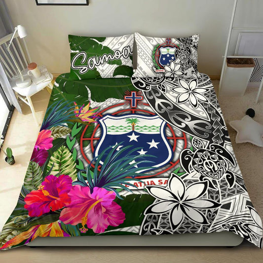 Samoa Bedding Set White Turtle Plumeria Banana Leaf