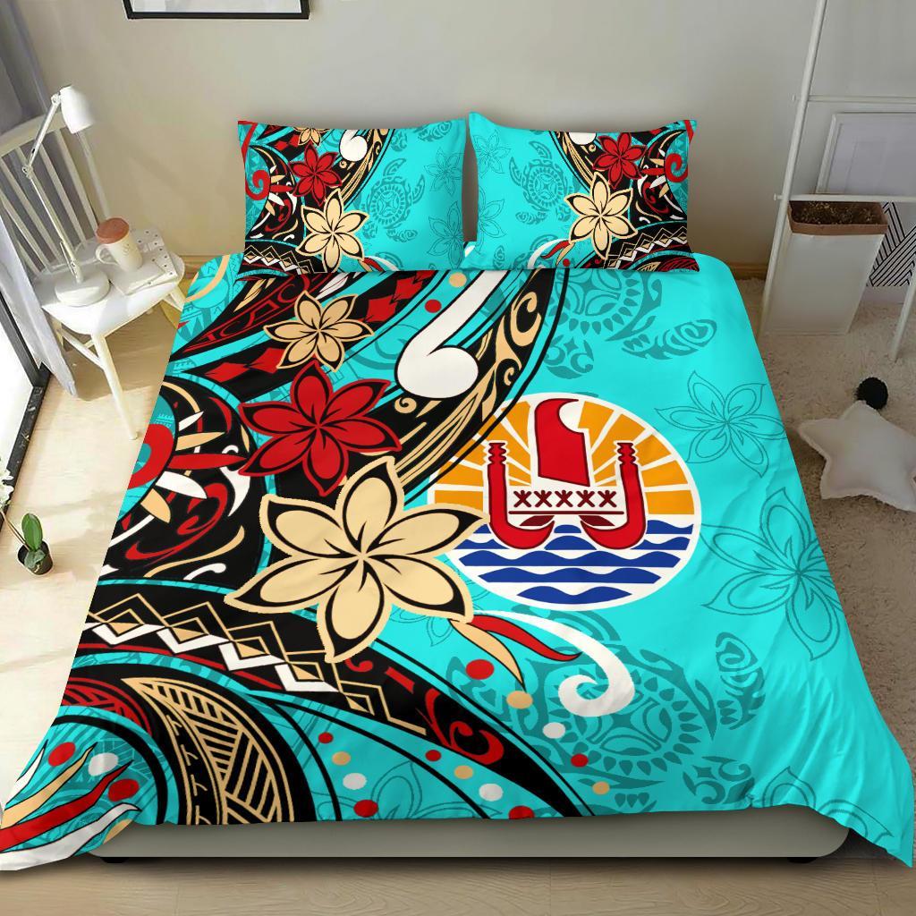 Tahiti Bedding Set Tribal Flower With Special Turtles Blue Color
