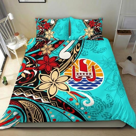 Tahiti Bedding Set Tribal Flower With Special Turtles Blue Color
