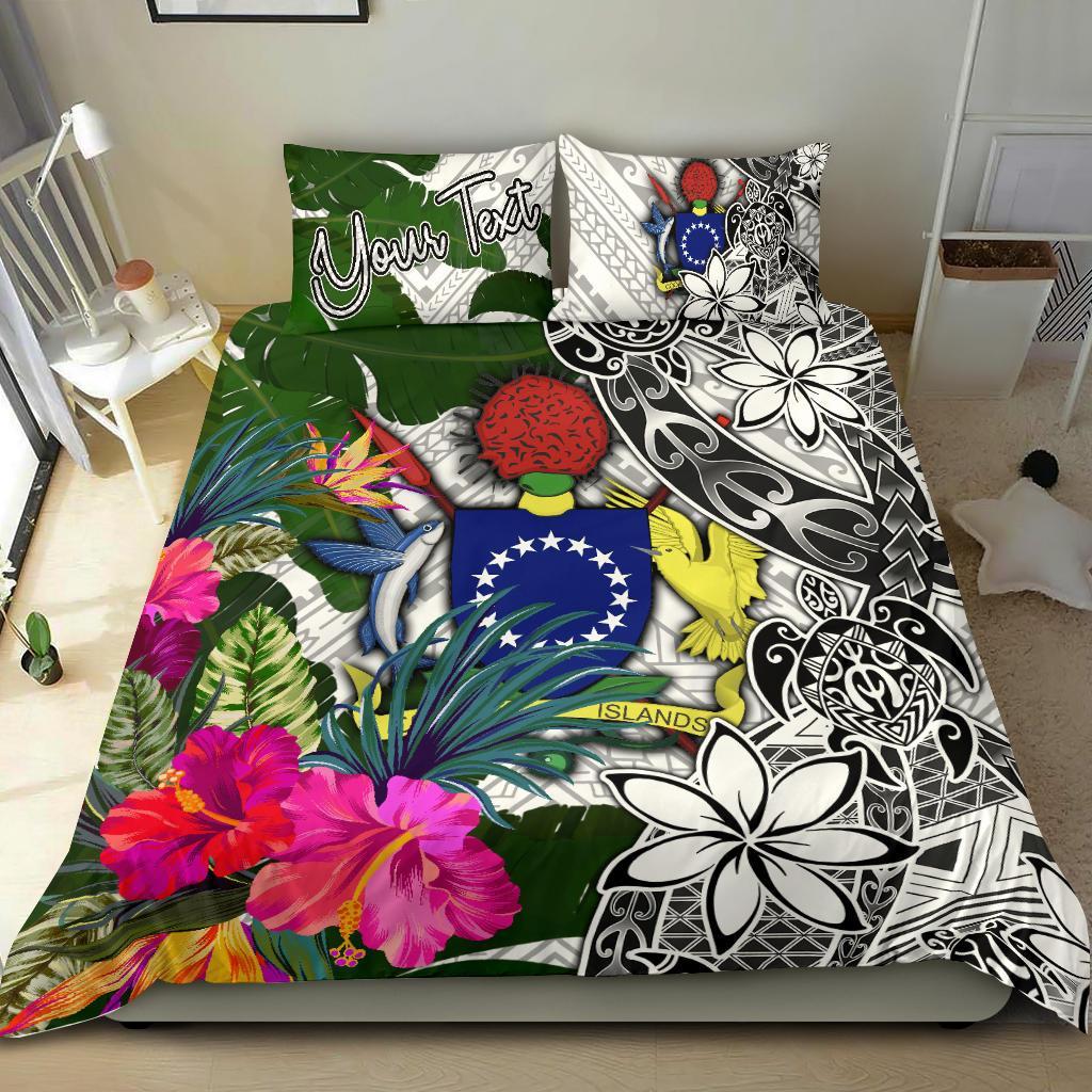 Cook Islands Custom Personalised Bedding Set White Turtle Plumeria Banana Leaf