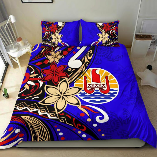 Tahiti Bedding Set Tribal Flower With Special Turtles Blue Color