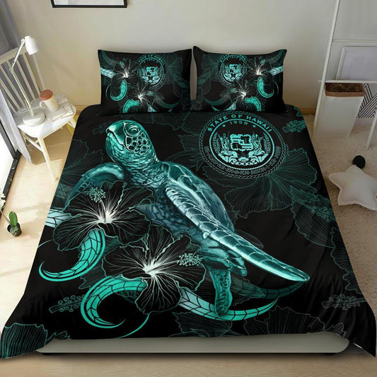 Hawaii Polynesian Bedding Set Turtle With Blooming Hibiscus Turquoise