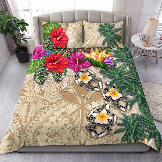 Kanaka Maoli (Hawaii) Bedding Set Hibiscus Turtle Tattoo Beige