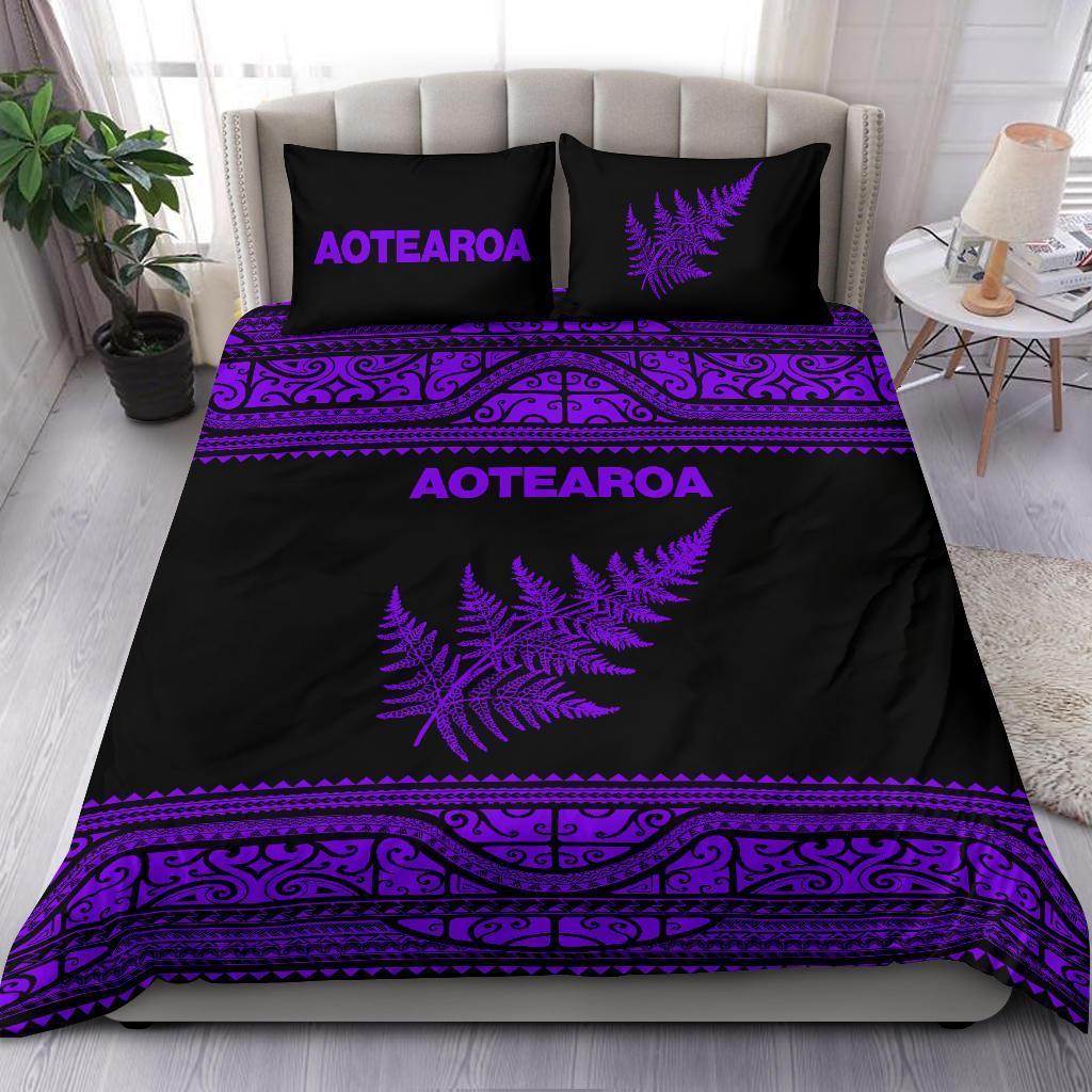 Aotearoa New Zealand Maori Bedding Set Silver Fern Purple