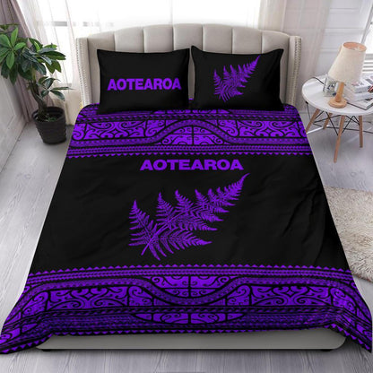 Aotearoa New Zealand Maori Bedding Set Silver Fern Purple