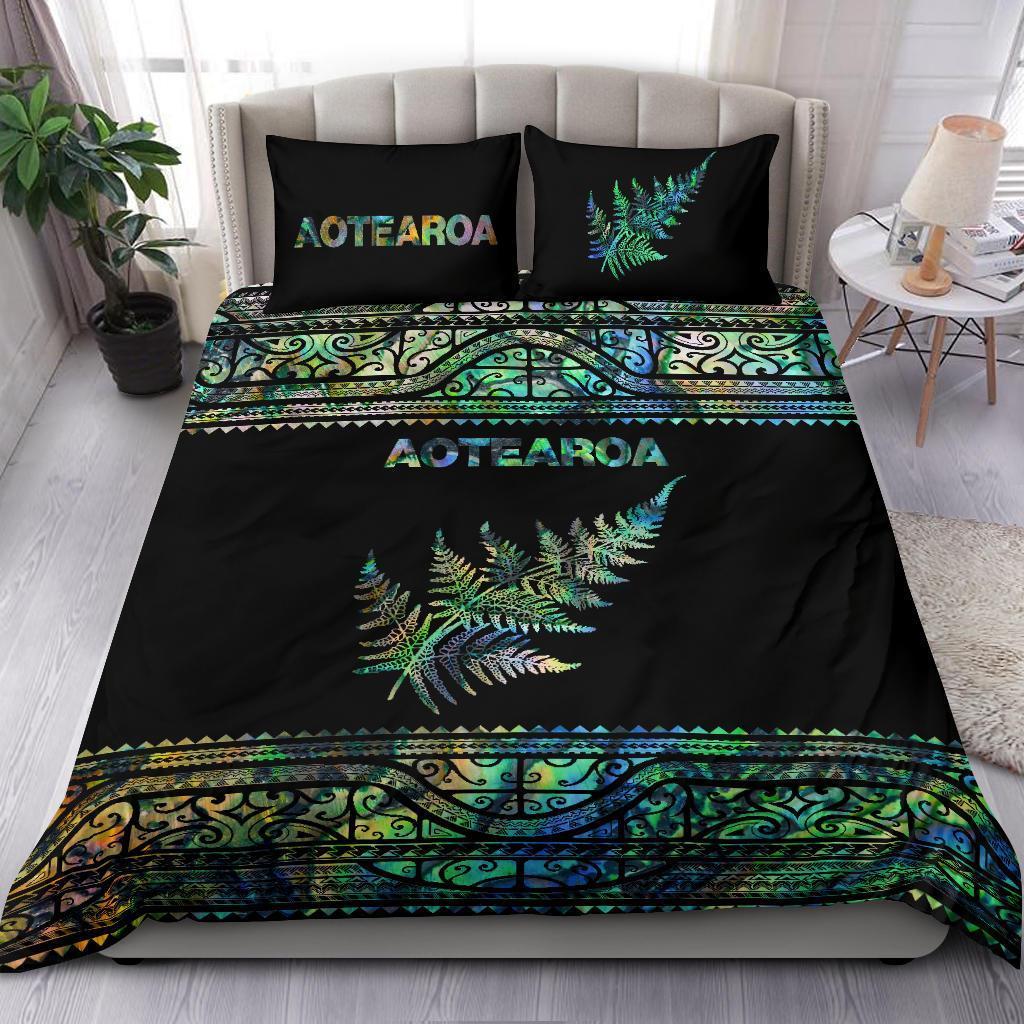 Aotearoa New Zealand Maori Bedding Set Silver Fern Paua Shell
