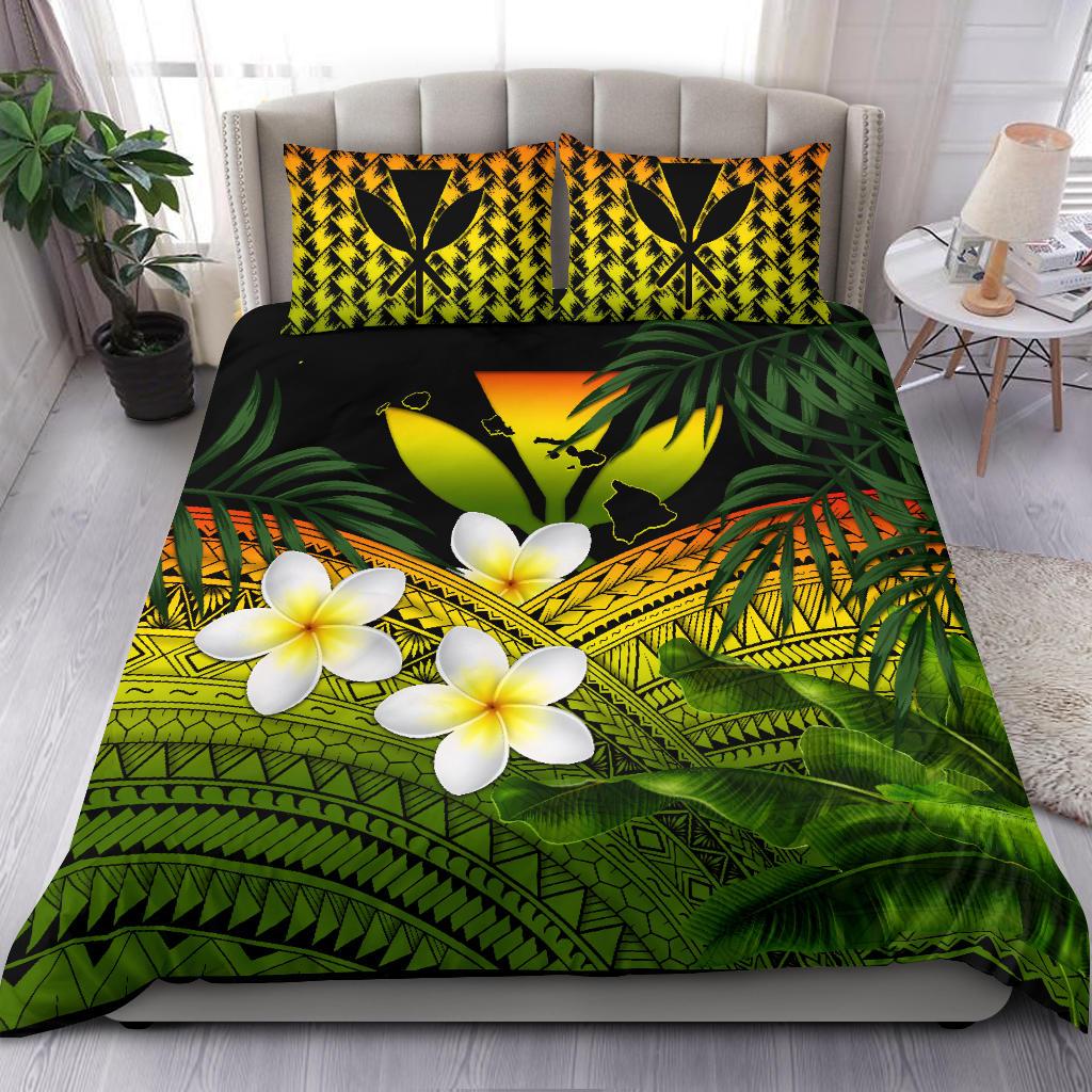 Kanaka Maoli (Hawaiian) Bedding Set, Polynesian Plumeria Banana Leaves Reggae