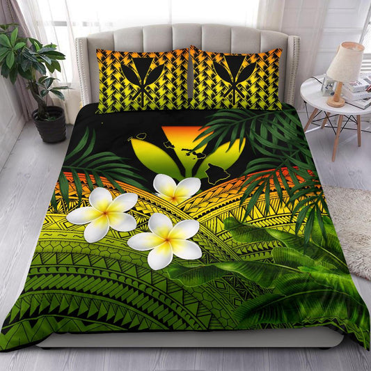 Kanaka Maoli (Hawaiian) Bedding Set, Polynesian Plumeria Banana Leaves Reggae