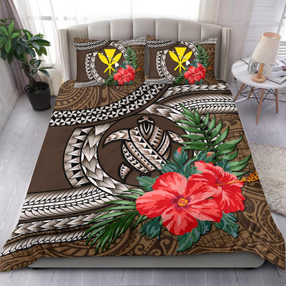 Kanaka Maoli (Hawaiian) Bedding Set Polynesian Turtle Hibiscus Brown