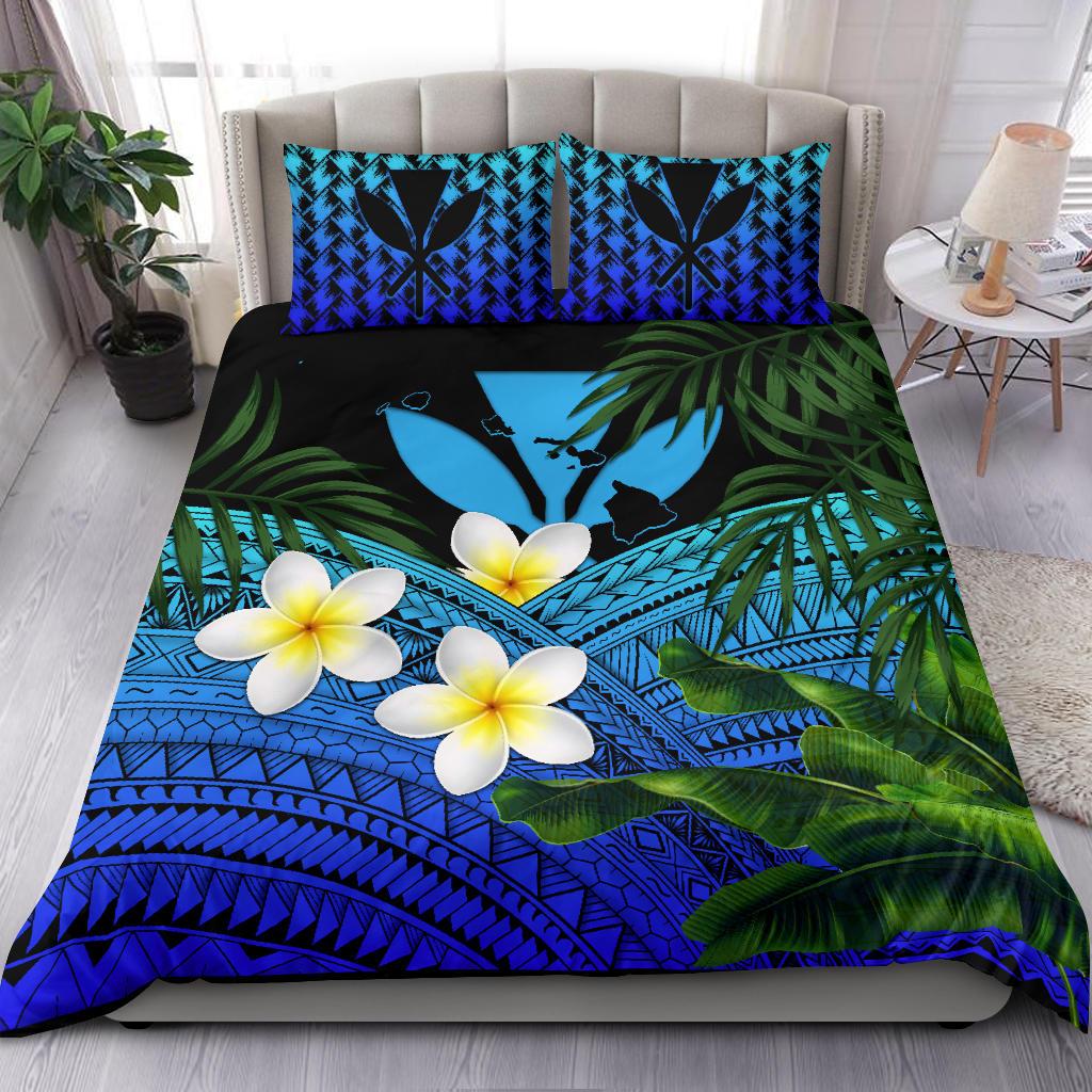 Kanaka Maoli (Hawaiian) Bedding Set, Polynesian Plumeria Banana Leaves Blue