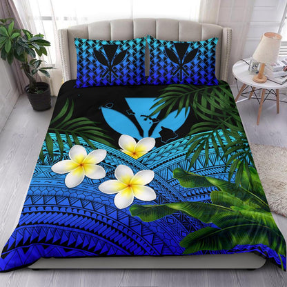 Kanaka Maoli (Hawaiian) Bedding Set, Polynesian Plumeria Banana Leaves Blue